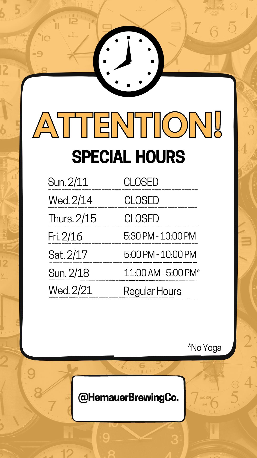 Hemauer Brewing Co. has special hours the week of Feb 11th through the 18th.