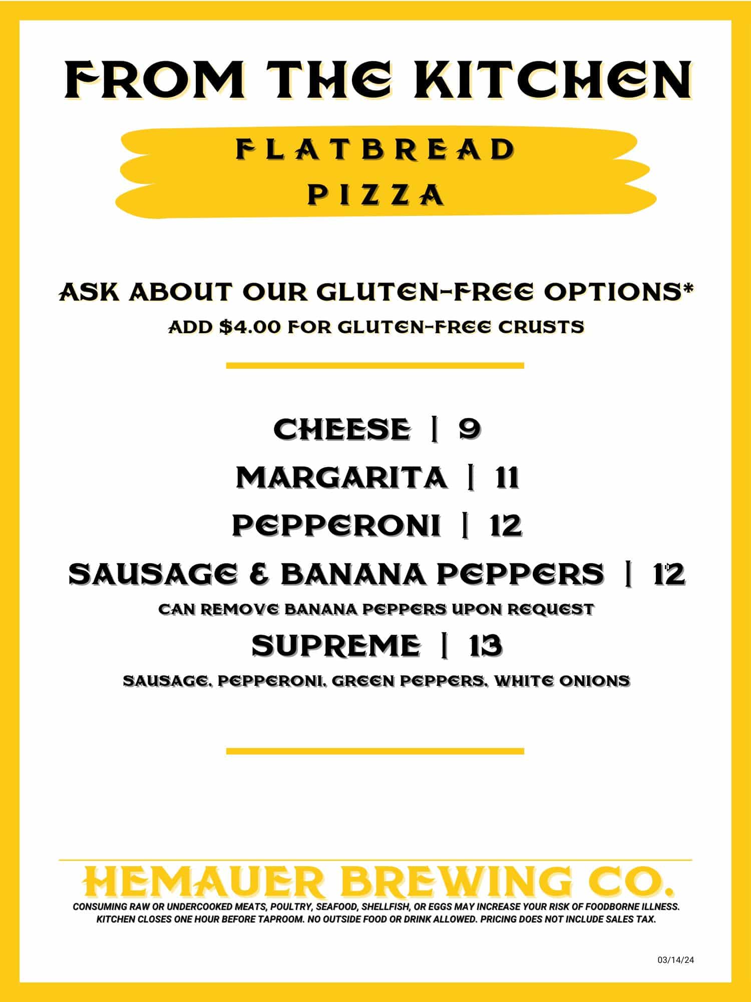 Mechanicsburg, PA, taproom, Hemauer Brewing Co has fresh-made flatbread pizza. Gluten-free options available. 