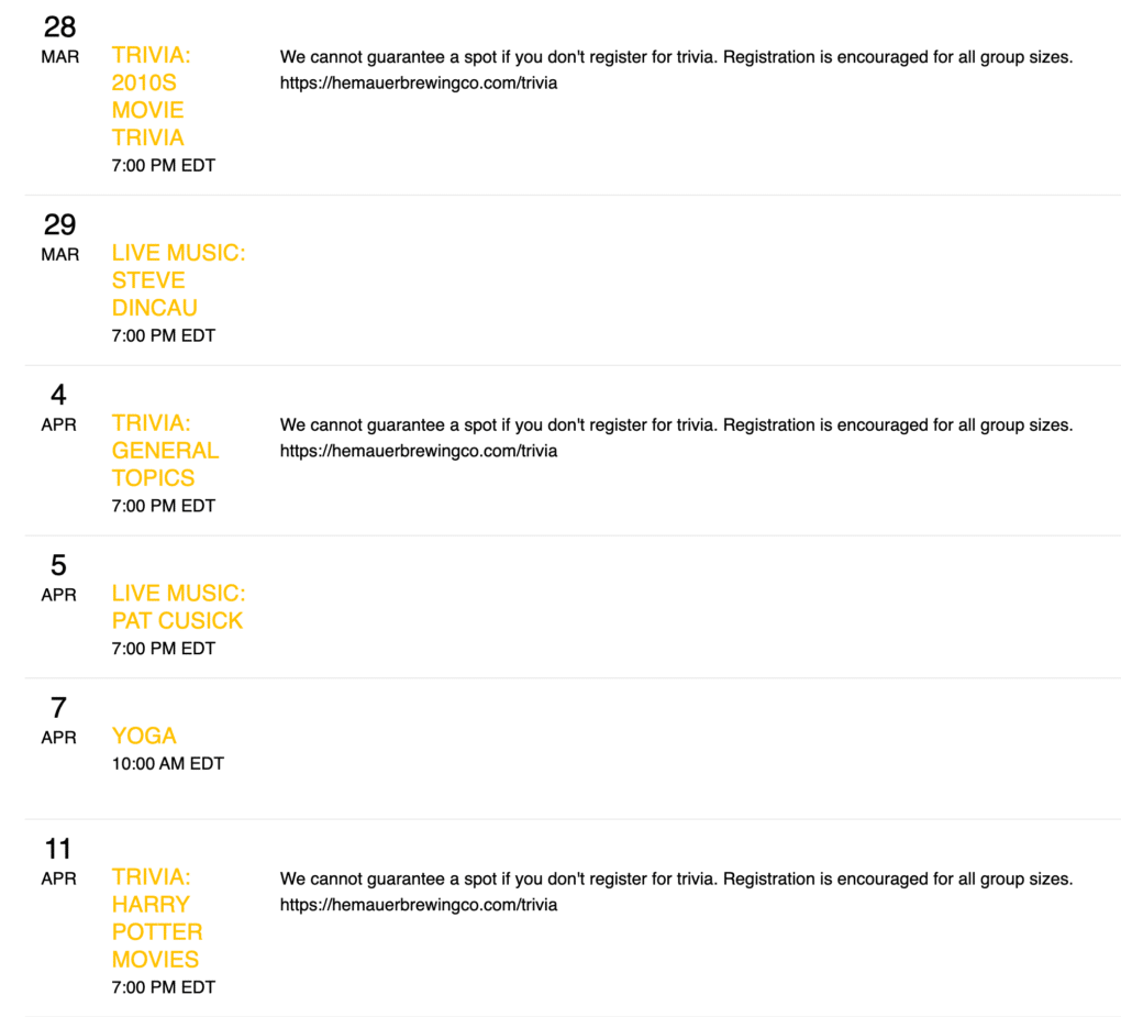 Hemauer Brewing Co announces this week's events at their Mechanicsburg, PA, taproom.