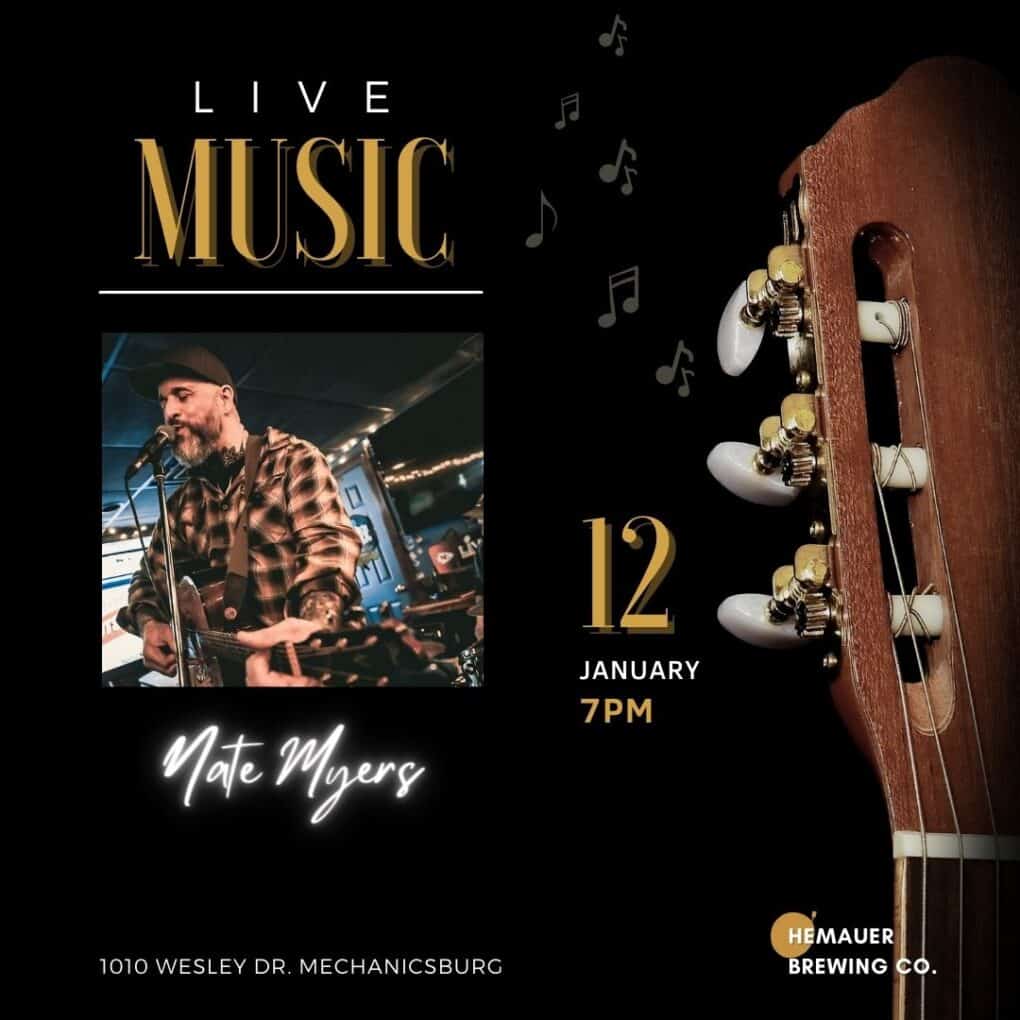 Musician Nate Myers is playing live at Hemauer Brewing Co in Mechanicsburg PA on January 12, 2024.