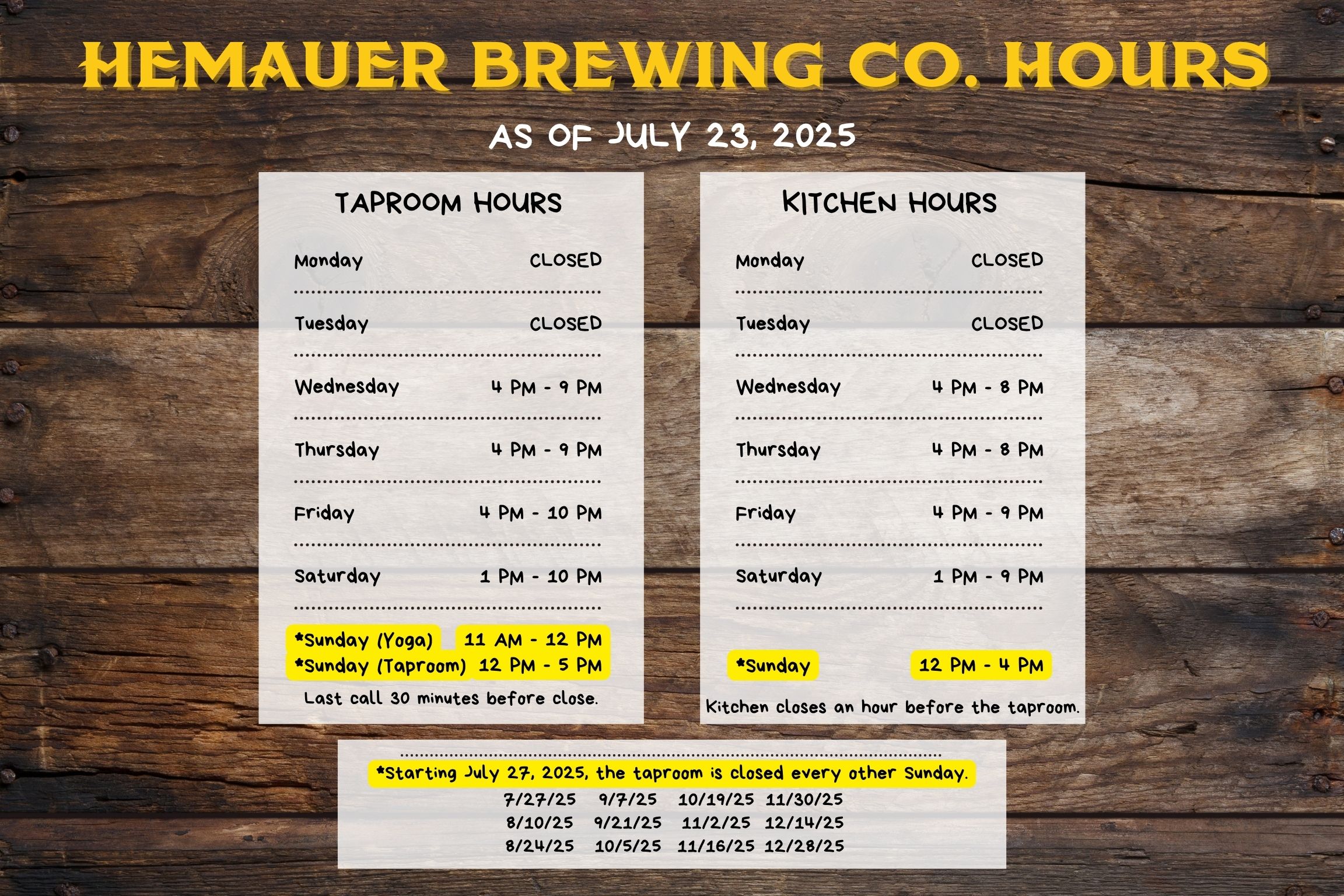 Hemauer Brewing Co. taproom and kitchen hours for July 2025. Hemauer Brewing Co. taproom and kitchen hours for July 2025.