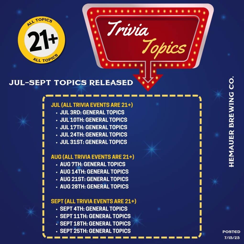 TRIVIA AT HEMAUER BREWING CO. JULY, AUGUST, SEPTEMBER 2025. TRIVIA AT HEMAUER BREWING CO. JULY, AUGUST, SEPTEMBER 2025.