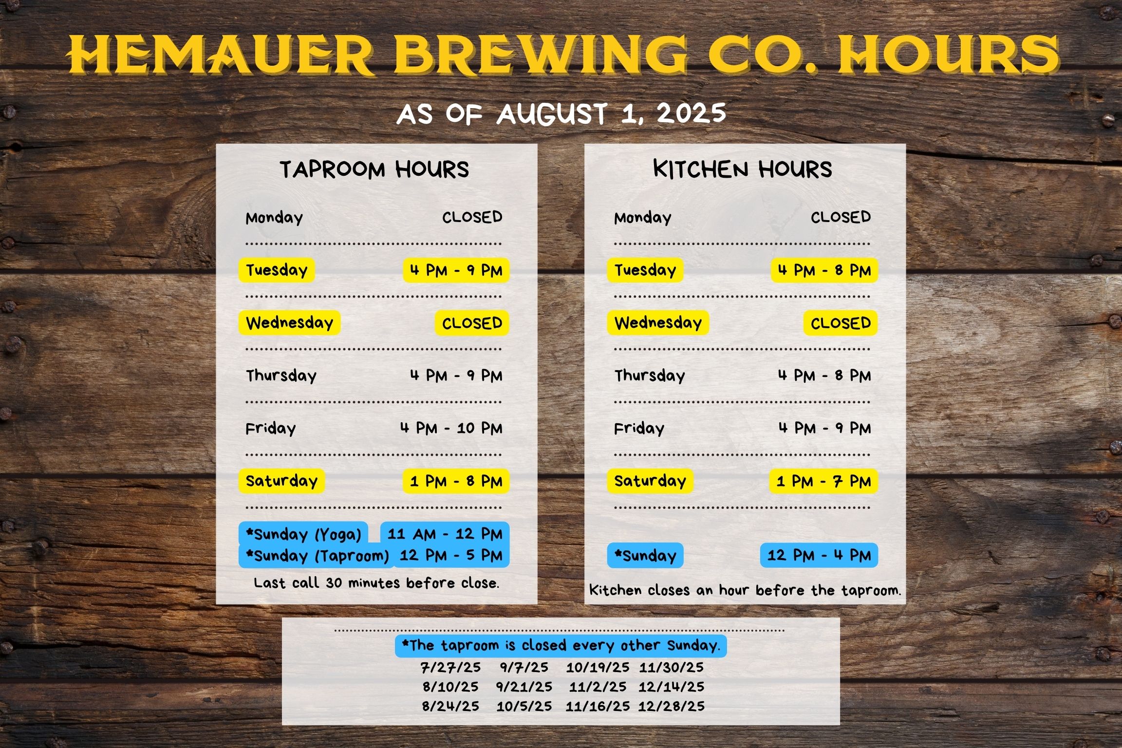 Hemauer Brewing Co. taproom and kitchen hours for August 2025. Hemauer Brewing Co. taproom and kitchen hours for August 2025.