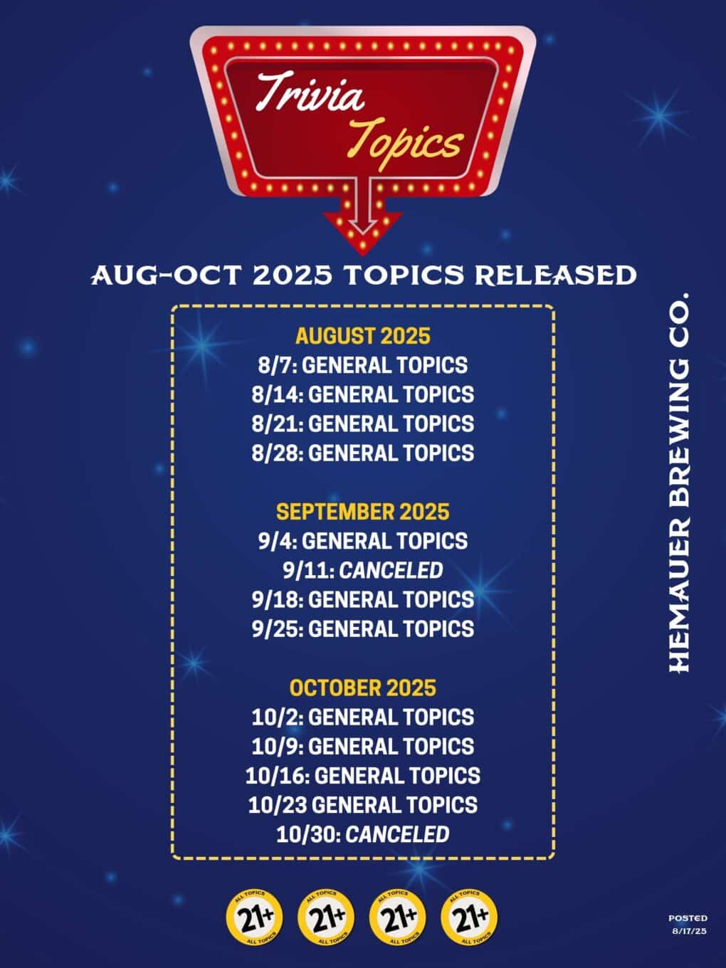 TRIVIA AT HEMAUER BREWING CO. AUGUST, SEPTEMBER, AND OCTOBER 2025. TRIVIA AT HEMAUER BREWING CO. AUGUST, SEPTEMBER, AND OCTOBER 2025.