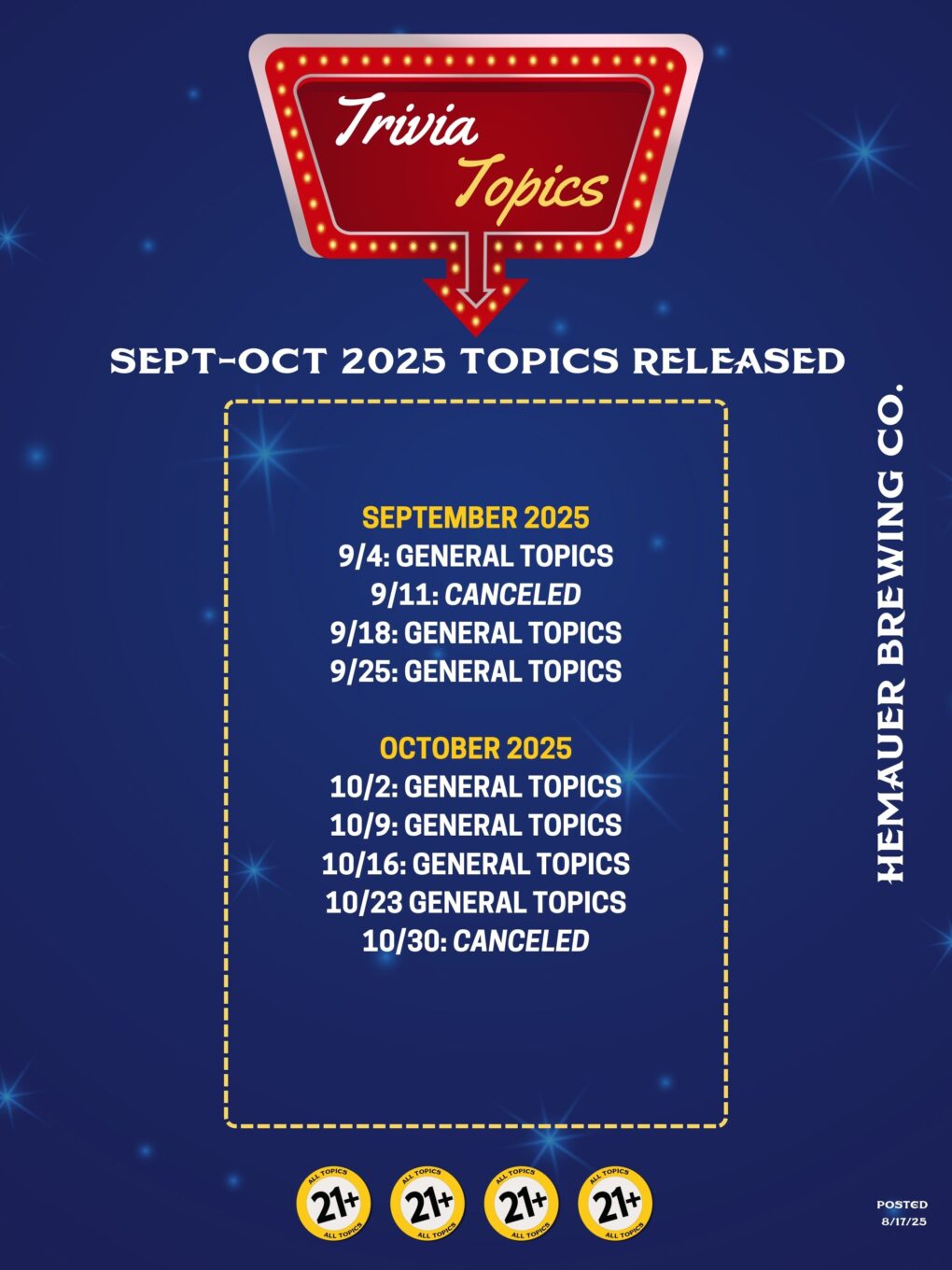 TRIVIA AT HEMAUER BREWING CO. AUGUST, SEPTEMBER, AND OCTOBER 2025. September and October trivia topics at Hemauer Brewing Co.