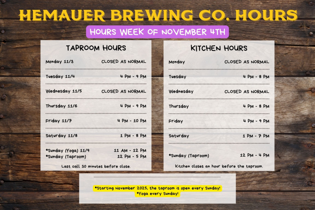 HBC posts their hours for the week of October 13, 2025. HBC releases their Vienna lager on November 8, 2025.