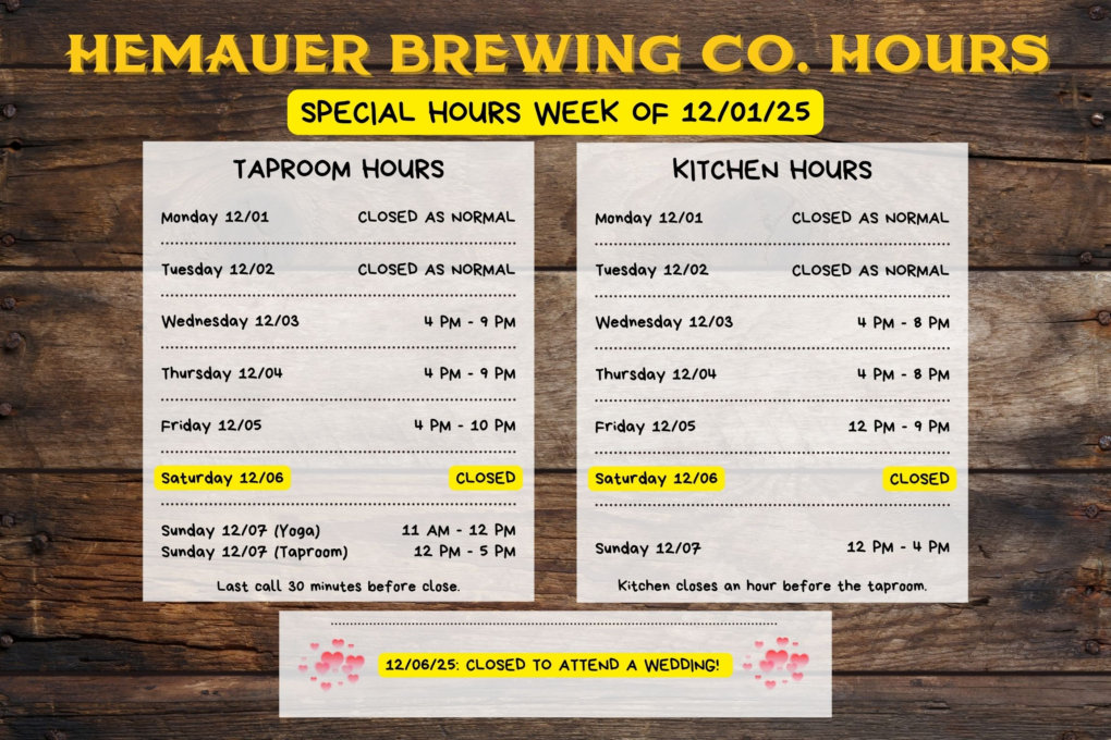 Special hours the week of November 24, 2025 at HBC. Hours for the week of December 1, 2025.