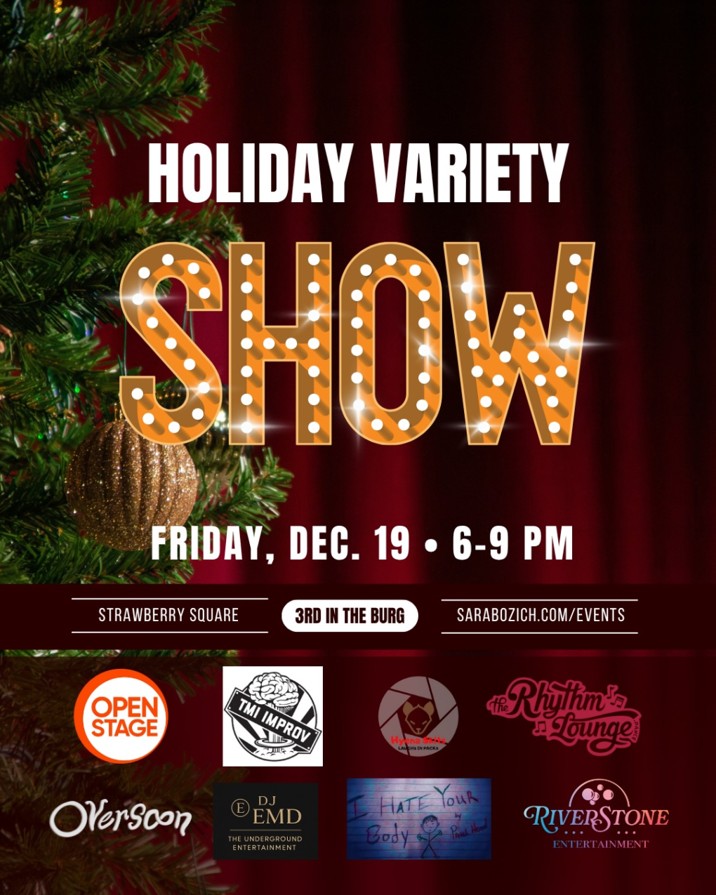 There’s nothing like a good ol’ variety show to kick off the holidays — and this one’s bringing all the festive feels! The Strawberry Square Music Series Holiday Variety Show is a three-hour showcase of local talent, featuring music, comedy, theatre, dance, magic, and more — all packed into one cozy, joy-filled evening. From start to finish, it’s a celebration of the creativity and community that make Central PA shine. Join us for an unforgettable night of laughter, music, and holiday spirit, hosted by a local DJ keeping the vibes bright between acts.