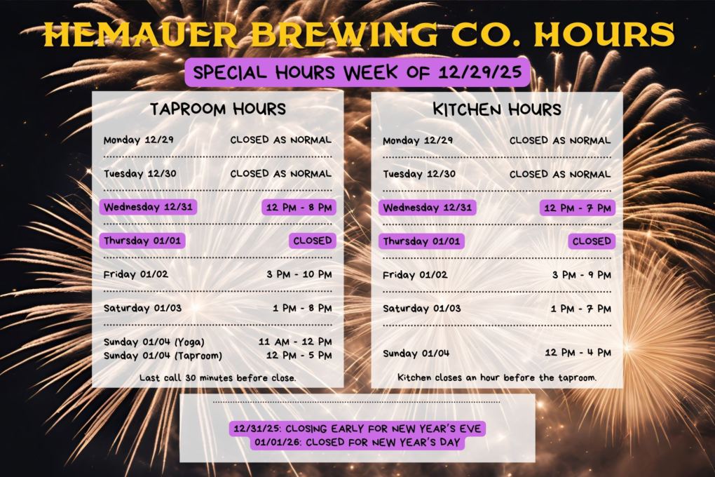 Taproom hours as of December 2025. TAPROOM HOURS NEW YEARS EVE 2025