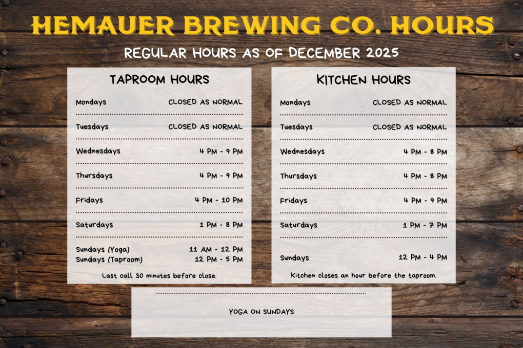 Taproom hours as of December 2025. Taproom hours as of December 2025.